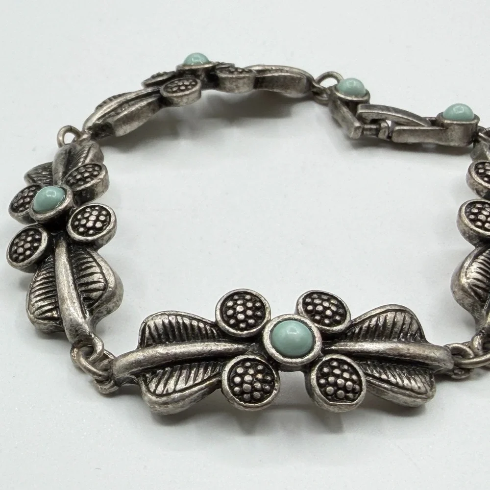 Silver Tone Floral Link Bracelet Aqua Cabochon Boho Cottagecore Statement Gift